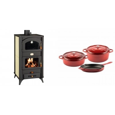 Set Kaminofen, Holzofen Wasserführend mit Backfach Prity, Modell FG W18 R, Leistung 23.4 kW + Gusseisen Topf Set aus 3 teilen Solagio, Rubin - Kaminofen - Holzofen mit Backfach