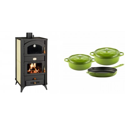 Set Kaminofen, Holzofen Wasserführend mit Backfach Prity, Modell FG W18 R, Leistung 23.4 kW + Gusseisen Topf Set aus 3 teilen Solagio, Bamboo - Kaminofen - Holzofen mit Backfach
