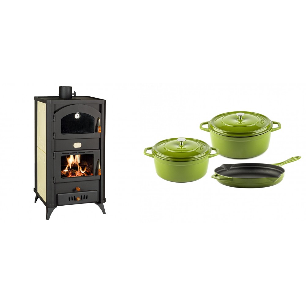 Set Kaminofen, Holzofen Wasserführend mit Backfach Prity, Modell FG W18 R, Leistung 23.4 kW + Gusseisen Topf Set aus 3 teilen Solagio, Bamboo | Wasserführender Kaminofen | Kaminofen |