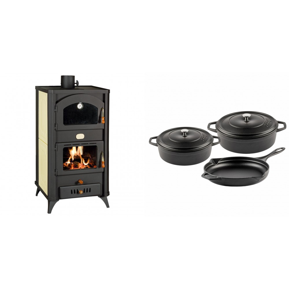 Set Kaminofen, Holzofen Wasserführend mit Backfach Prity, Modell FG W18 R, Leistung 23.4 kW + Gusseisen Topf Set aus 3 teilen Solagio, Black Onyx | Wasserführender Kaminofen | Kaminofen |