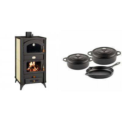 Set Kaminofen, Holzofen Wasserführend mit Backfach Prity, Modell FG W18 R, Leistung 23.4 kW + Gusseisen Topf Set aus 3 teilen Solagio, Black Onyx - Kaminofen - Holzofen mit Backfach