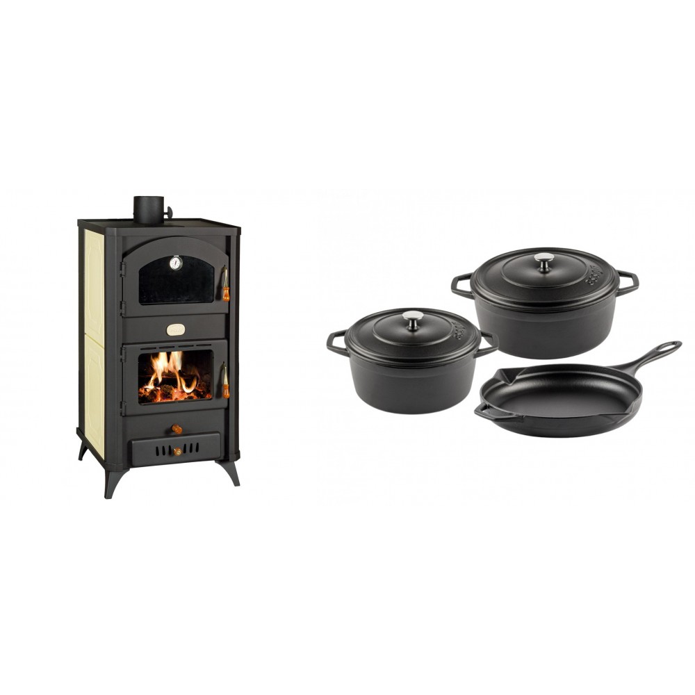 Set Kaminofen, Holzofen Wasserführend mit Backfach Prity, Modell FG W18 R, Leistung 23.4 kW + Gusseisen Topf Set aus 3 teilen Solagio, Black Onyx | Wasserführender Kaminofen | Kaminofen |