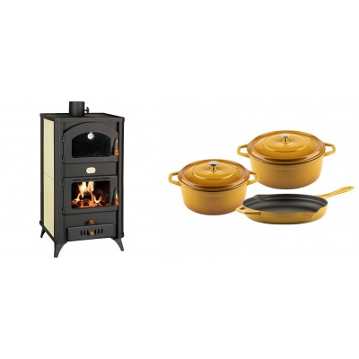 Set Kaminofen, Holzofen Wasserführend mit Backfach Prity, Modell FG W18 R, Leistung 23.4 kW + Gusseisen Topf Set aus 3 teilen Solagio, Dijon - Kaminofen - Holzofen mit Backfach