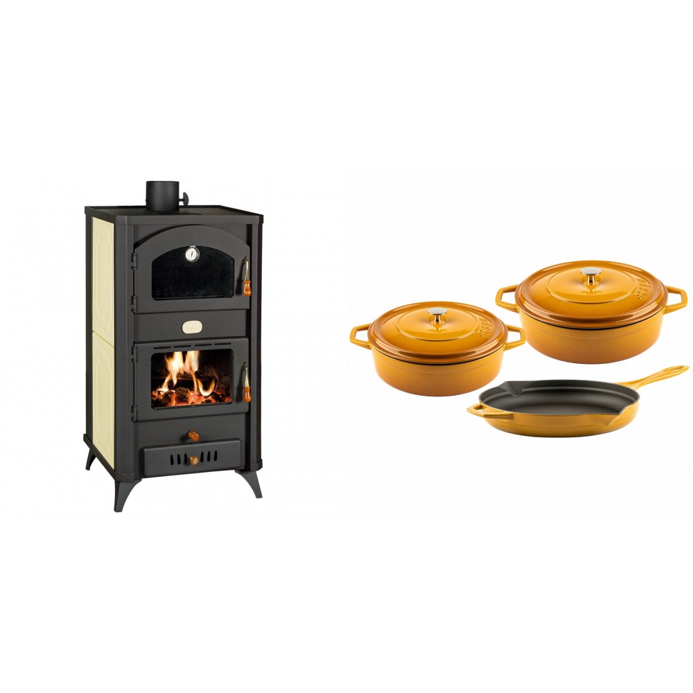 Set Kaminofen, Holzofen Wasserführend mit Backfach Prity, Modell FG W18 R, Leistung 23.4 kW + Gusseisen Topf Set aus 3 teilen Solagio, Dijon | Wasserführender Kaminofen | Kaminofen |