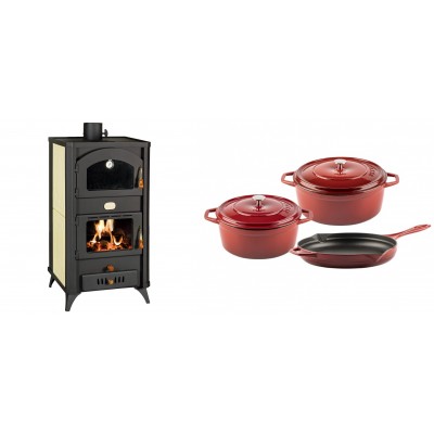 Set Kaminofen, Holzofen Wasserführend mit Backfach Prity, Modell FG W18 R, Leistung 23.4 kW + Gusseisen Topf Set aus 3 teilen Solagio, Rubin - Kaminofen - Holzofen mit Backfach