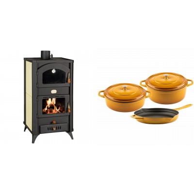 Set Kaminofen, Holzofen Wasserführend mit Backfach Prity, Modell FG W18 R, Leistung 23.4 kW + Gusseisen Topf Set aus 3 teilen Solagio, Dijon - Kaminofen - Holzofen mit Backfach
