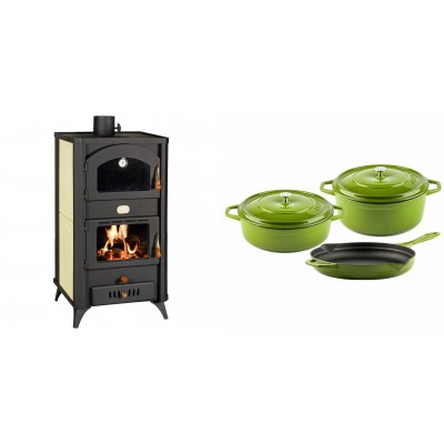 Set Kaminofen, Holzofen Wasserführend mit Backfach Prity, Modell FG W18 R, Leistung 23.4 kW + Gusseisen Topf Set aus 3 teilen Solagio, Bamboo - Kaminofen - Holzofen mit Backfach