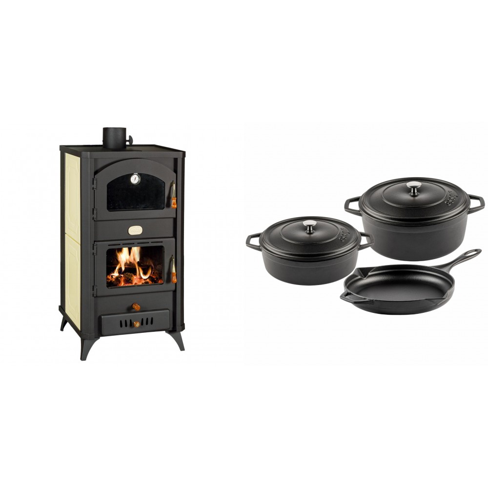 Set Kaminofen, Holzofen Wasserführend mit Backfach Prity, Modell FG W18 R, Leistung 23.4 kW + Gusseisen Topf Set aus 3 teilen Solagio, Black Onyx