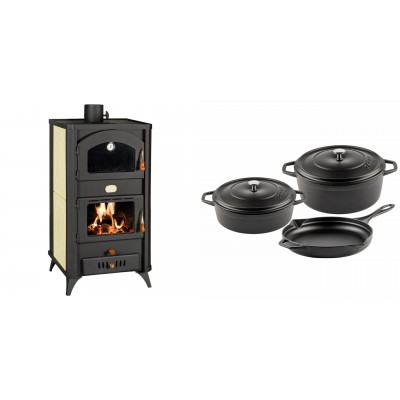 Set Kaminofen, Holzofen Wasserführend mit Backfach Prity, Modell FG W18 R, Leistung 23.4 kW + Gusseisen Topf Set aus 3 teilen Solagio, Black Onyx - Kaminofen - Holzofen mit Backfach