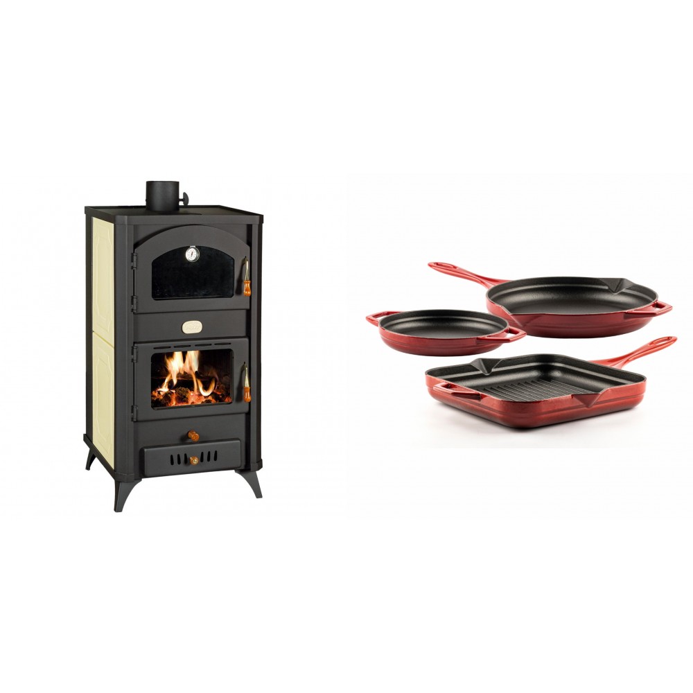 Set Kaminofen, Holzofen Wasserführend mit Backfach Prity, Modell FG W18 R, Leistung 23.4 kW + Gusseisen Topf Set aus 3 teilen Solagio, Rubin