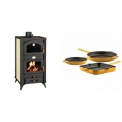 Set Kaminofen, Holzofen Wasserführend mit Backfach Prity, Modell FG W18 R, Leistung 23.4 kW + Gusseisen Topf Set aus 3 teilen Solagio, Dijon - Kaminofen - Holzofen mit Backfach