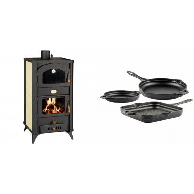 Set Kaminofen, Holzofen Wasserführend mit Backfach Prity, Modell FG W18 R, Leistung 23.4 kW + Gusseisen Topf Set aus 3 teilen Solagio, Black Onyx - Kaminofen - Holzofen mit Backfach