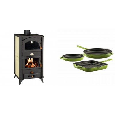 Set Kaminofen, Holzofen Wasserführend mit Backfach Prity, Modell FG W18 R, Leistung 23.4 kW + Gusseisen Topf Set aus 3 teilen Solagio, Bamboo - Kaminofen - Holzofen mit Backfach