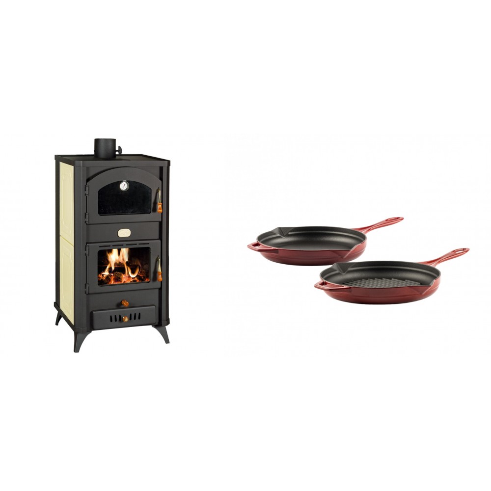 Set Kaminofen, Holzofen Wasserführend mit Backfach Prity, Modell FG W18 R, Leistung 23.4 kW + Gusseisen Topf Set aus 2 teilen Solagio, Rubin | Wasserführender Kaminofen | Kaminofen |