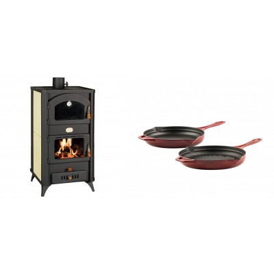 Set Kaminofen, Holzofen Wasserführend mit Backfach Prity, Modell FG W18 R, Leistung 23.4 kW + Gusseisen Topf Set aus 2 teilen Solagio, Rubin - Kaminofen - Holzofen mit Backfach