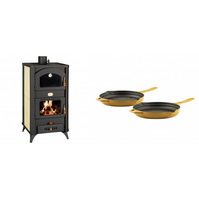 Set Kaminofen, Holzofen Wasserführend mit Backfach Prity, Modell FG W18 R, Leistung 23.4 kW + Gusseisen Topf Set aus 2 teilen Solagio, Dijon - Kaminofen - Holzofen mit Backfach