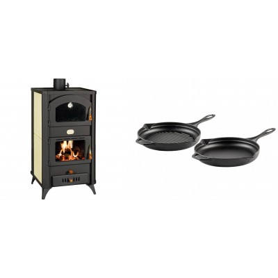 Set Kaminofen, Holzofen Wasserführend mit Backfach Prity, Modell FG W18 R, Leistung 23.4 kW + Gusseisen Topf Set aus 2 teilen Solagio, Black Onyx - Kaminofen - Holzofen mit Backfach
