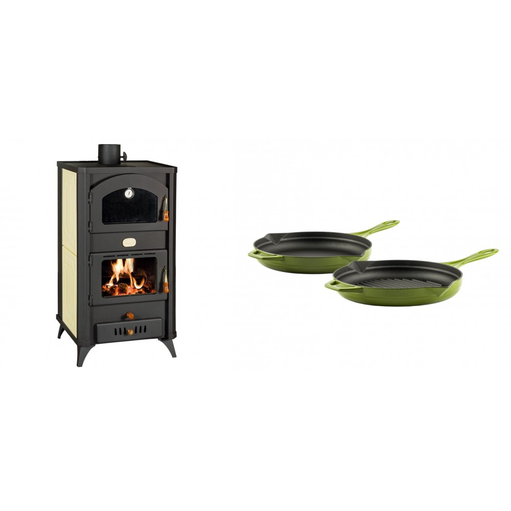 Set Kaminofen, Holzofen Wasserführend mit Backfach Prity, Modell FG W18 R, Leistung 23.4 kW + Gusseisen Topf Set aus 2 teilen Solagio, Bamboo