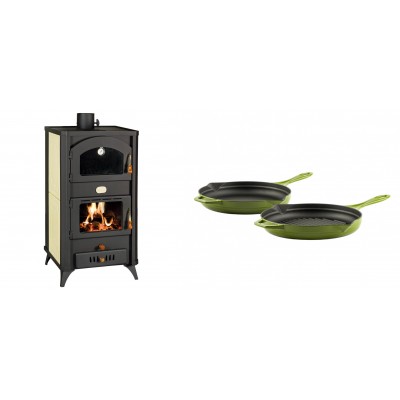 Set Kaminofen, Holzofen Wasserführend mit Backfach Prity, Modell FG W18 R, Leistung 23.4 kW + Gusseisen Topf Set aus 2 teilen Solagio, Bamboo - Kaminofen - Holzofen mit Backfach