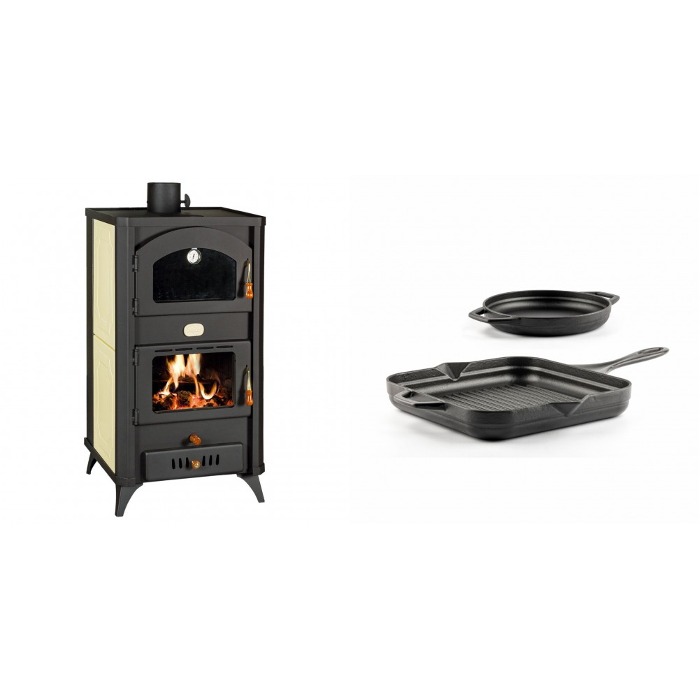 Set Kaminofen, Holzofen Wasserführend mit Backfach Prity, Modell FG W18 R, Leistung 23.4 kW + Gusseisen Topf Set aus 2 teilen Solagio, Black Onyx | Wasserführender Kaminofen | Kaminofen |