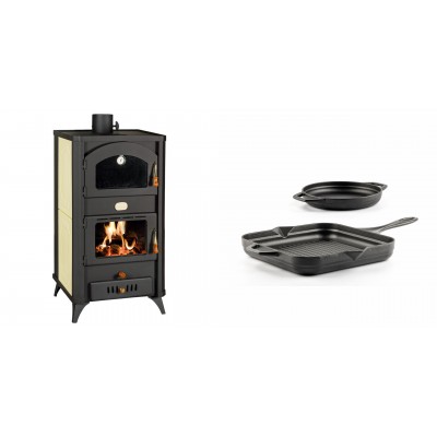 Set Kaminofen, Holzofen Wasserführend mit Backfach Prity, Modell FG W18 R, Leistung 23.4 kW + Gusseisen Topf Set aus 2 teilen Solagio, Black Onyx - Kaminofen - Holzofen mit Backfach