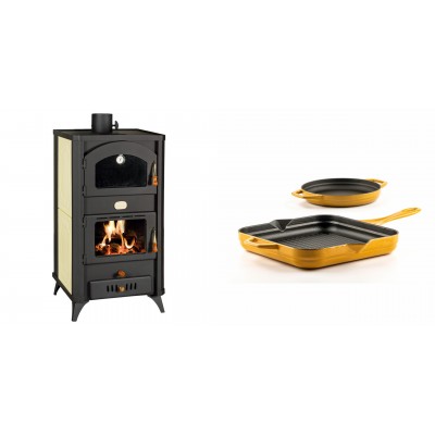 Set Kaminofen, Holzofen Wasserführend mit Backfach Prity, Modell FG W18 R, Leistung 23.4 kW + Gusseisen Topf Set aus 2 teilen Solagio, Dijon - Kaminofen - Holzofen mit Backfach