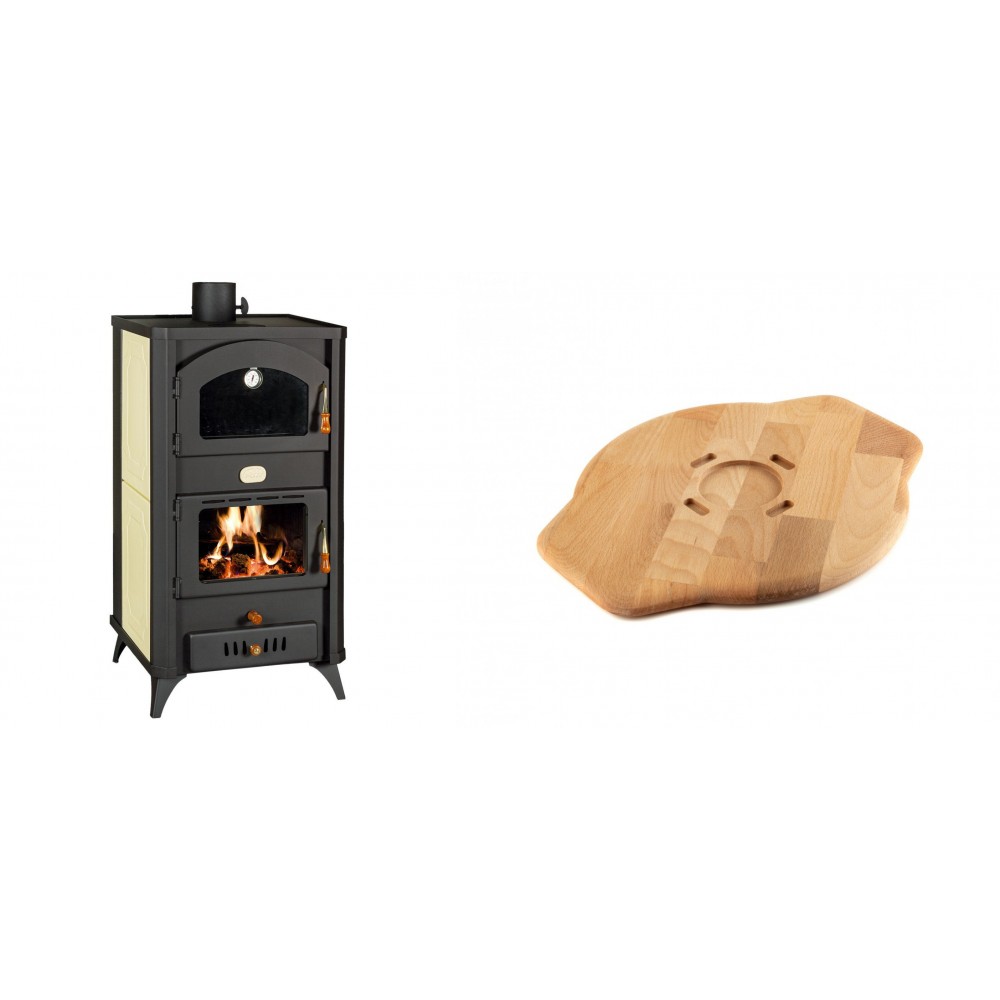 Set Kaminofen, Holzofen Wasserführend mit Backfach Prity, Modell FG W18 R, Leistung 23.4 kW + Holz untersetzer für Gusseisenplatte Solagio HSYSAK28