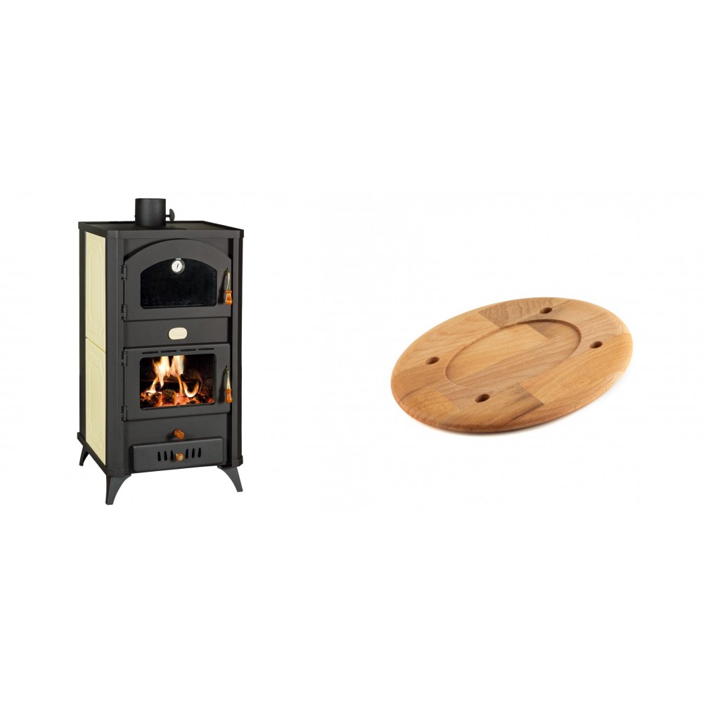 Set Kaminofen, Holzofen Wasserführend mit Backfach Prity, Modell FG W18 R, Leistung 23.4 kW + Holz untersetzer für ovale platte Solagio HSOISK1728, 17x28cm