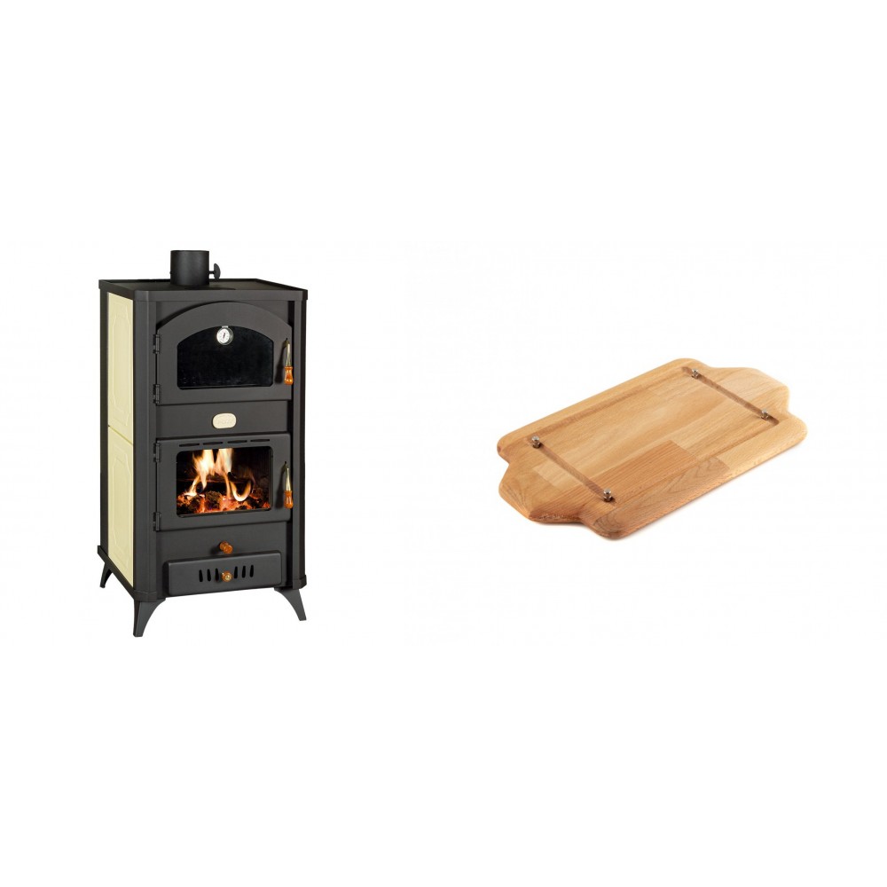 Set Kaminofen, Holzofen Wasserführend mit Backfach Prity, Modell FG W18 R, Leistung 23.4 kW + Holz untersetzer für mini-gusseisenplatte Solagio HSDDHP1522