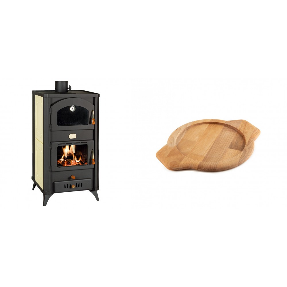 Set Kaminofen, Holzofen Wasserführend mit Backfach Prity, Modell FG W18 R, Leistung 23.4 kW + Holz untersetzer für gusseisenschüssel Solagio HSYKTV22