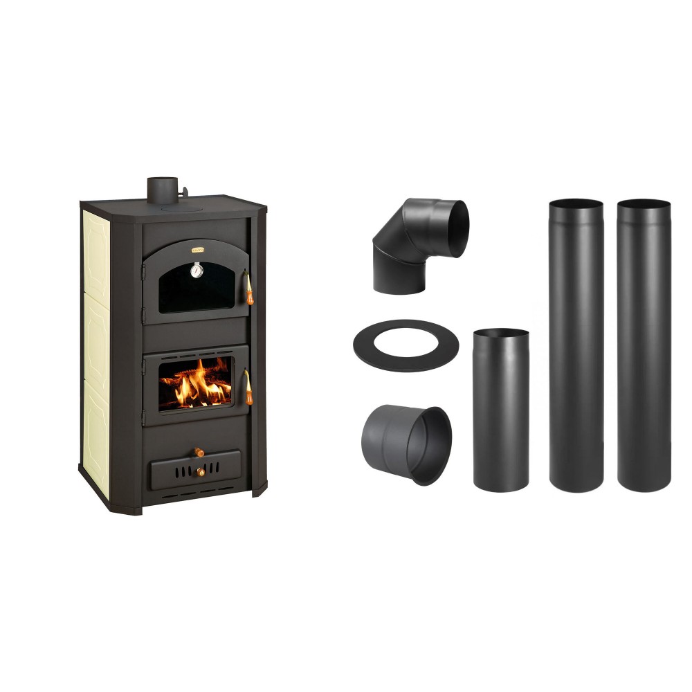 Set Kaminofen, Holzofen Wasserführend Prity mit Backfach, Modell FG W20, Leistung 23.8kW + Schornstein Bausatz PARKANEX, Stahl Ø150, Dicke 2mm