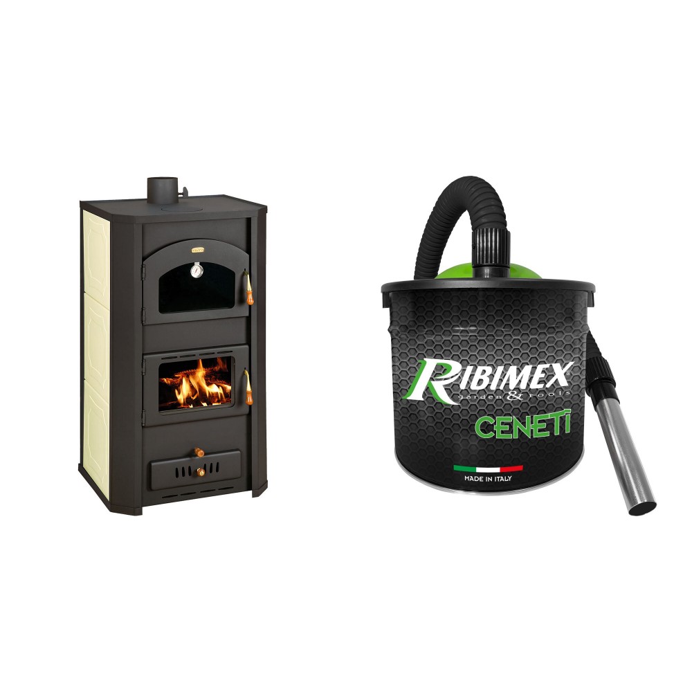 Set Kaminofen, Holzofen Wasserführend Prity mit Backfach, Modell FG W20, Leistung 23.8kW + Elektrischer Aschesauger Ribimex, Modell Cenetì, Fassungsvermögen 15 L