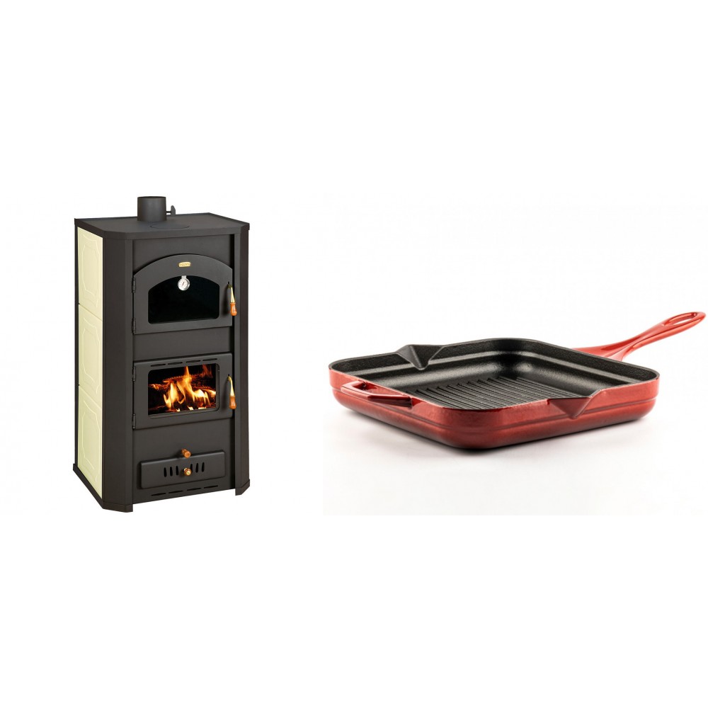 Set Kaminofen, Holzofen Wasserführend Prity mit Backfach, Modell FG W20, Leistung 23.8kW + Emaillierte grillpfanne Gusseisen Solagio, Rubin, 28x28cm | Wasserführender Kaminofen | Kaminofen |