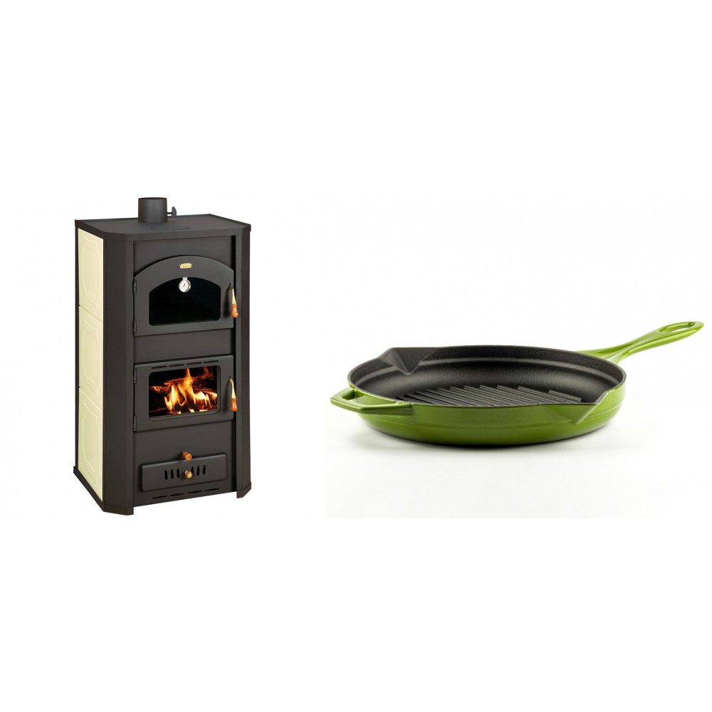 Set Kaminofen, Holzofen Wasserführend Prity mit Backfach, Modell FG W20, Leistung 23.8kW + Emaillierte grillpfanne Gusseisen Solagio, Bamboo, Ф28cm | Wasserführender Kaminofen | Kaminofen |