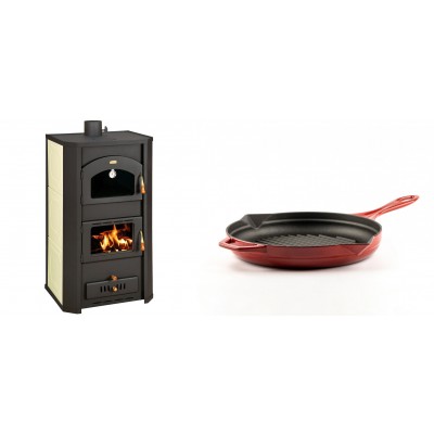 Set Kaminofen, Holzofen Wasserführend Prity mit Backfach, Modell FG W20, Leistung 23.8kW + Emaillierte grillpfanne Gusseisen Solagio, Rubin, Ф24cm - Kaminofen - Holzofen mit Backfach