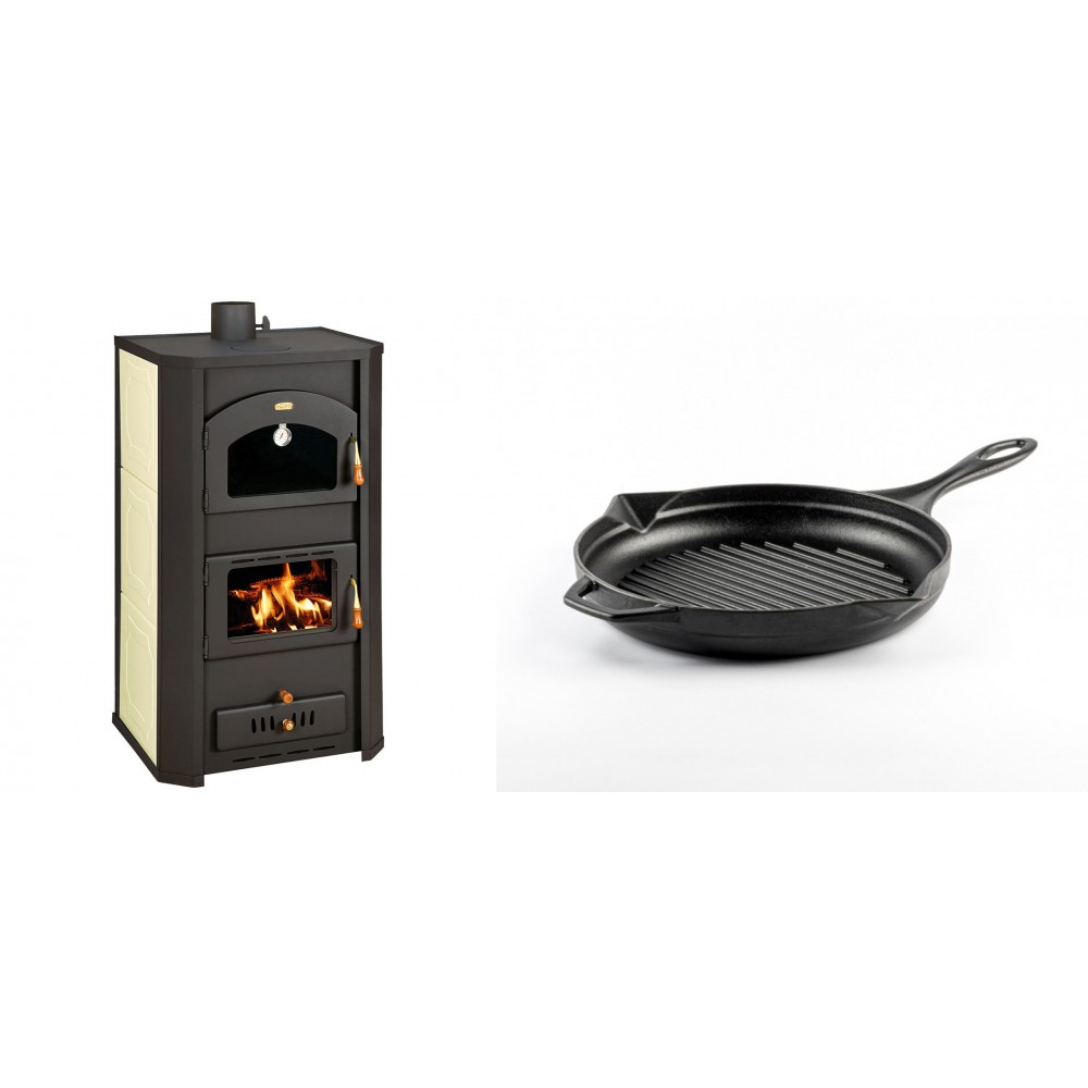 Set Kaminofen, Holzofen Wasserführend Prity mit Backfach, Modell FG W20, Leistung 23.8kW + Emaillierte grillpfanne Gusseisen Solagio, Black Onyx, Ф24cm