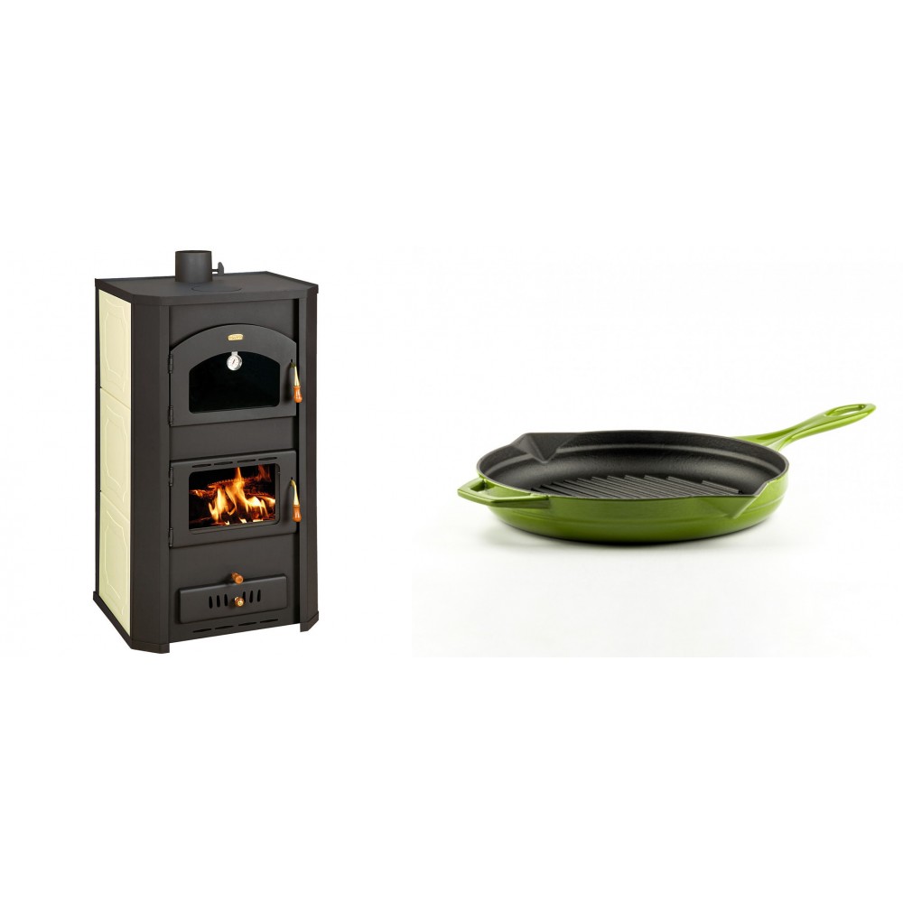 Set Kaminofen, Holzofen Wasserführend Prity mit Backfach, Modell FG W20, Leistung 23.8kW + Emaillierte grillpfanne Gusseisen Solagio, Bamboo, Ф24cm