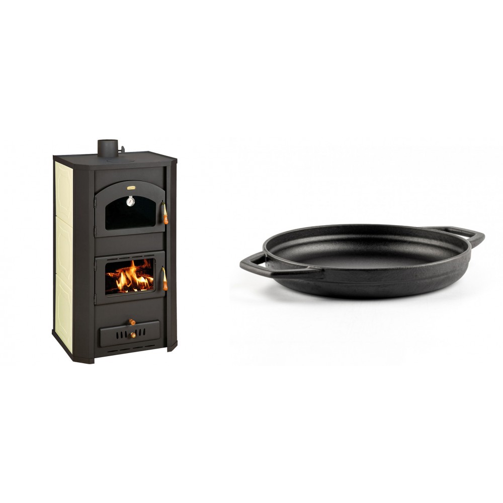 Set Kaminofen, Holzofen Wasserführend Prity mit Backfach, Modell FG W20, Leistung 23.8kW + Emaillierte gusseisenpfanne mit zwei Griffen Solagio, Black Onyx, Ф22cm