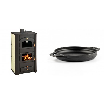 Set Kaminofen, Holzofen Wasserführend Prity mit Backfach, Modell FG W20, Leistung 23.8kW + Emaillierte gusseisenpfanne mit zwei Griffen Solagio, Black Onyx, Ф22cm - Kaminofen - Holzofen mit Backfach