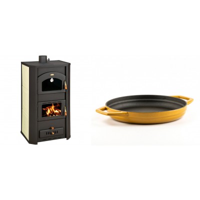 Set Kaminofen, Holzofen Wasserführend Prity mit Backfach, Modell FG W20, Leistung 23.8kW + Emaillierte gusseisenpfanne mit zwei Griffen Solagio, Dijon, Ф22cm - Kaminofen - Holzofen mit Backfach