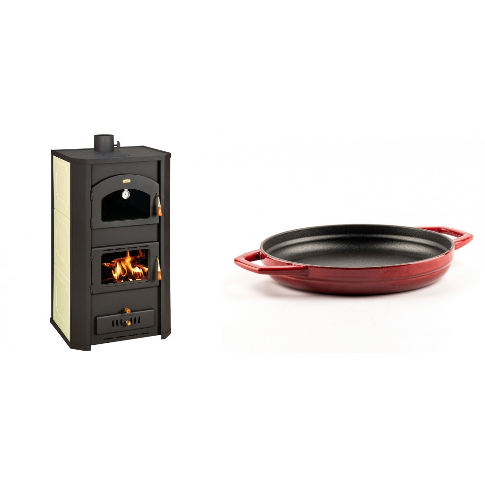 Set Kaminofen, Holzofen Wasserführend Prity mit Backfach, Modell FG W20, Leistung 23.8kW + Emaillierte gusseisenpfanne mit zwei Griffen Solagio, Rubin, Ф22cm