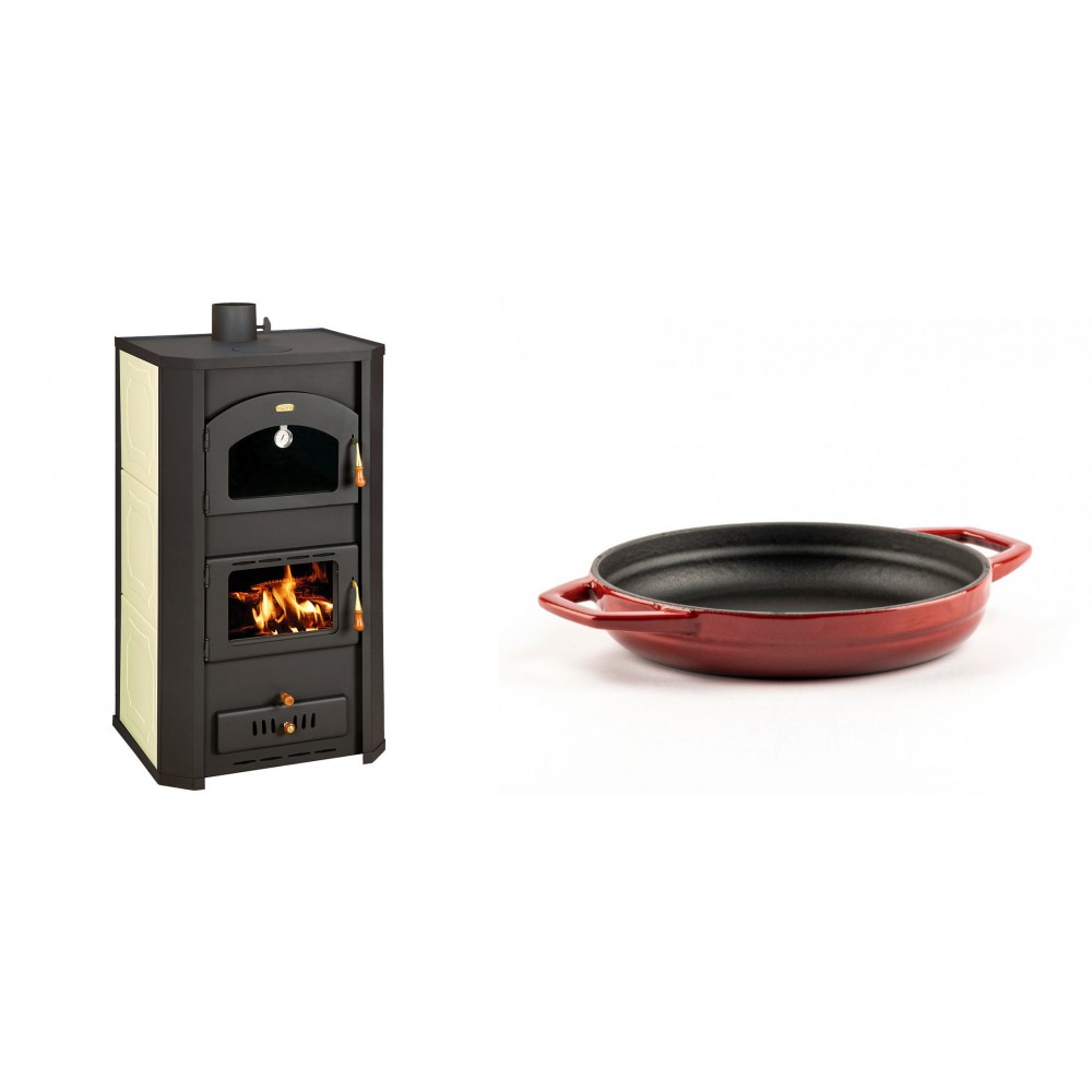 Set Kaminofen, Holzofen Wasserführend Prity mit Backfach, Modell FG W20, Leistung 23.8kW + Emaillierte gusseisenpfanne mit zwei Griffen Solagio, Rubin, Ф19cm | Wasserführender Kaminofen | Kaminofen |