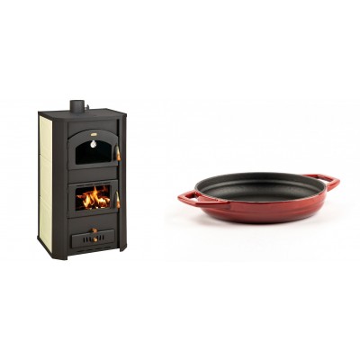 Set Kaminofen, Holzofen Wasserführend Prity mit Backfach, Modell FG W20, Leistung 23.8kW + Emaillierte gusseisenpfanne mit zwei Griffen Solagio, Rubin, Ф19cm - Kaminofen - Holzofen mit Backfach