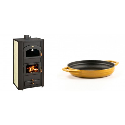 Set Kaminofen, Holzofen Wasserführend Prity mit Backfach, Modell FG W20, Leistung 23.8kW + Emaillierte gusseisenpfanne mit zwei Griffen Solagio, Dijon, Ф19cm - Kaminofen - Holzofen mit Backfach
