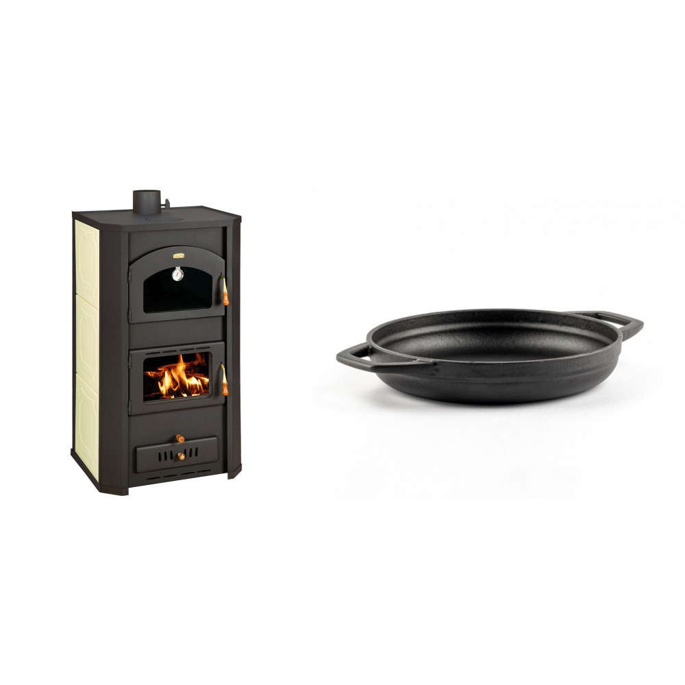 Set Kaminofen, Holzofen Wasserführend Prity mit Backfach, Modell FG W20, Leistung 23.8kW + Emaillierte gusseisenpfanne mit zwei Griffen Solagio, Black Onyx, Ф19cm | Wasserführender Kaminofen | Kaminofen |