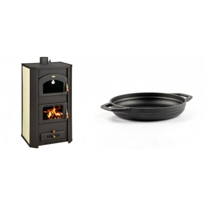 Set Kaminofen, Holzofen Wasserführend Prity mit Backfach, Modell FG W20, Leistung 23.8kW + Emaillierte gusseisenpfanne mit zwei Griffen Solagio, Black Onyx, Ф19cm - Kaminofen - Holzofen mit Backfach