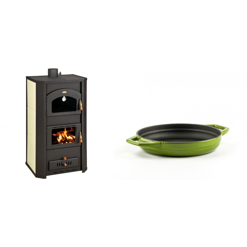 Set Kaminofen, Holzofen Wasserführend Prity mit Backfach, Modell FG W20, Leistung 23.8kW + Emaillierte gusseisenpfanne mit zwei Griffen Solagio, Bamboo, Ф16cm