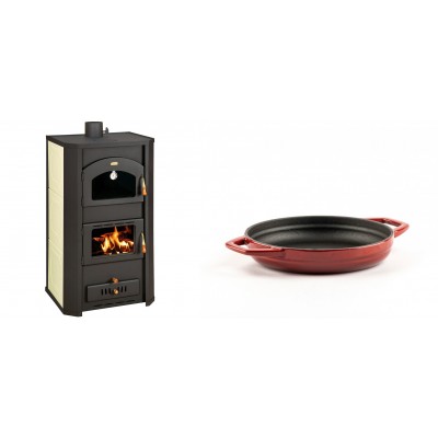 Set Kaminofen, Holzofen Wasserführend Prity mit Backfach, Modell FG W20, Leistung 23.8kW + Emaillierte gusseisenpfanne mit zwei Griffen Solagio, Rubin, Ф16cm - Kaminofen - Holzofen mit Backfach