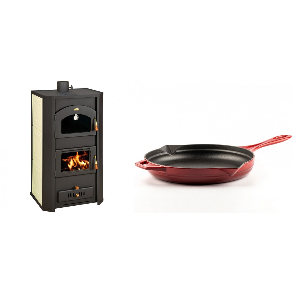 Set Kaminofen, Holzofen Wasserführend Prity mit Backfach, Modell FG W20, Leistung 23.8kW + Emaillierte Gusseisenpfanne Solagio, Rubin, Ф28cm