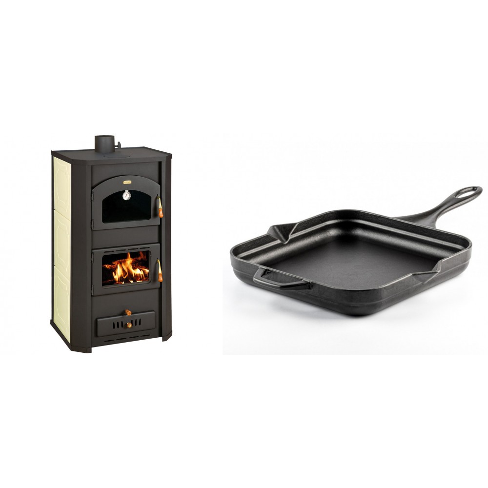 Set Kaminofen, Holzofen Wasserführend Prity mit Backfach, Modell FG W20, Leistung 23.8kW + Emaillierte Gusseisenpfanne Solagio, Black Onyx, 28x28cm | Wasserführender Kaminofen | Kaminofen |